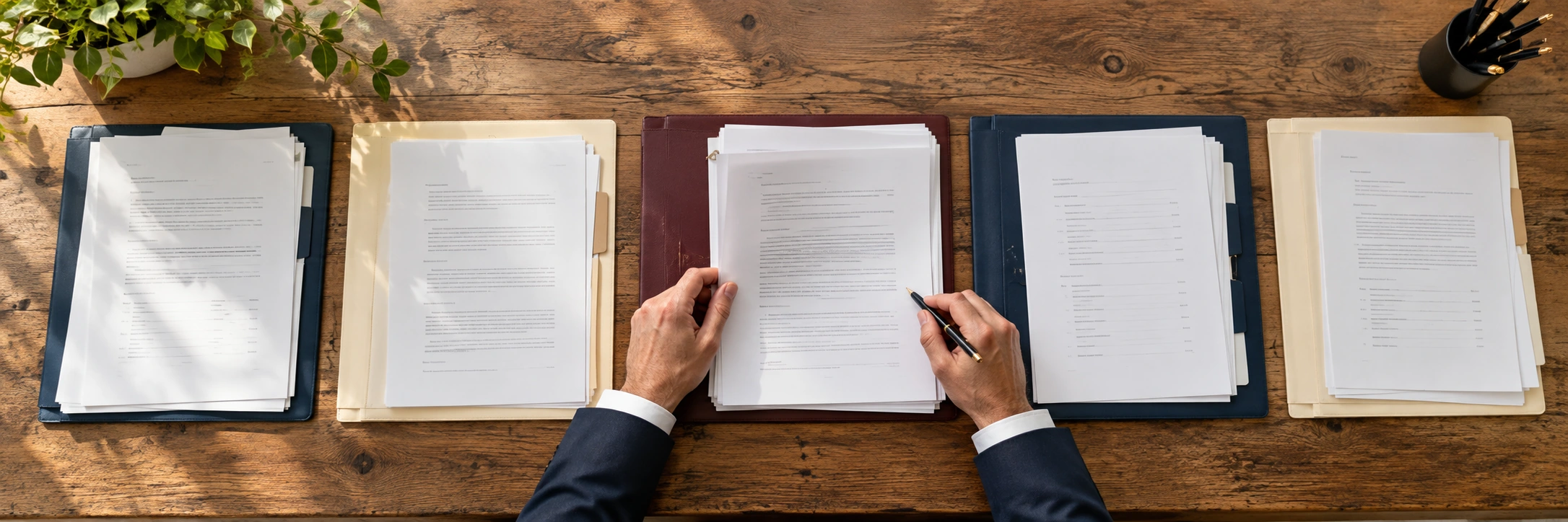 Cinco carpetas de trabajo ordenadas sobre un escritorio